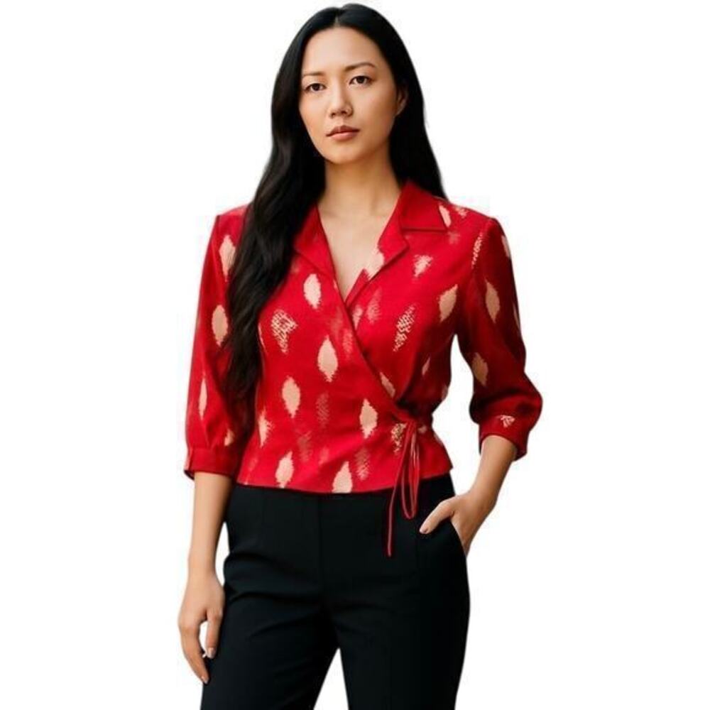 ICE red gold silk sequin glam true wrap blouse elegant luxury VINTAGE sz XL